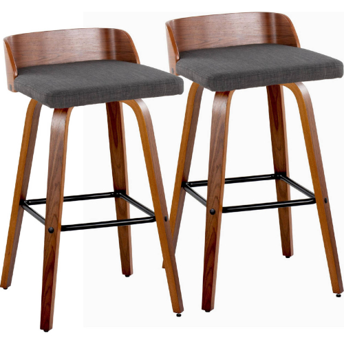 Maya 30" Swivel Bar Stool in Walnut Wood & Charcoal Fabric with Black Footrest (Set of 2)
